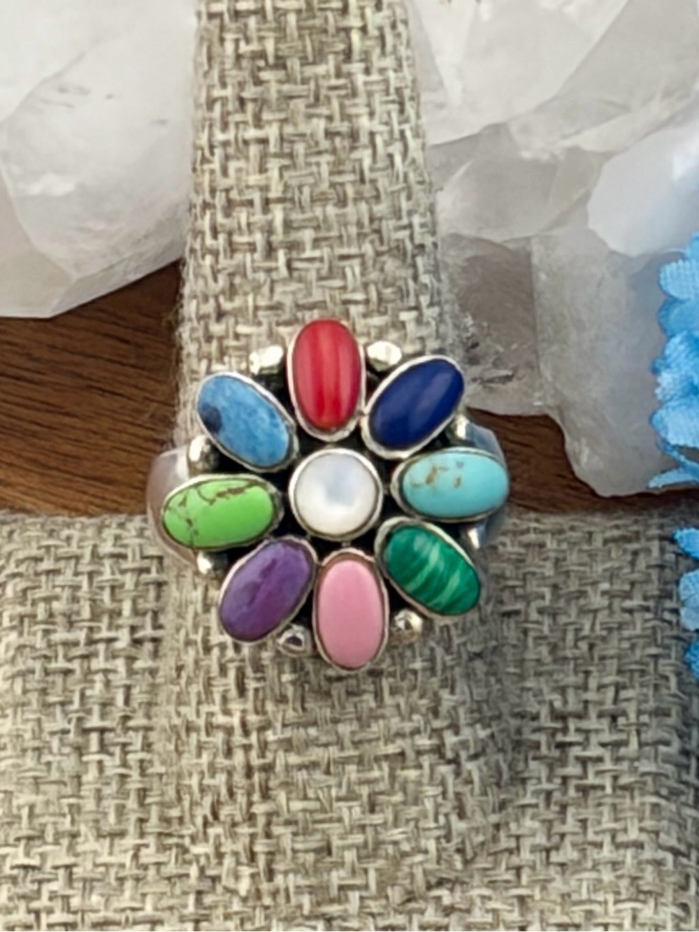 Chunky Vintage Sterling Silver 925 Multi Gemstone Turquoise Flower Ring Size 9